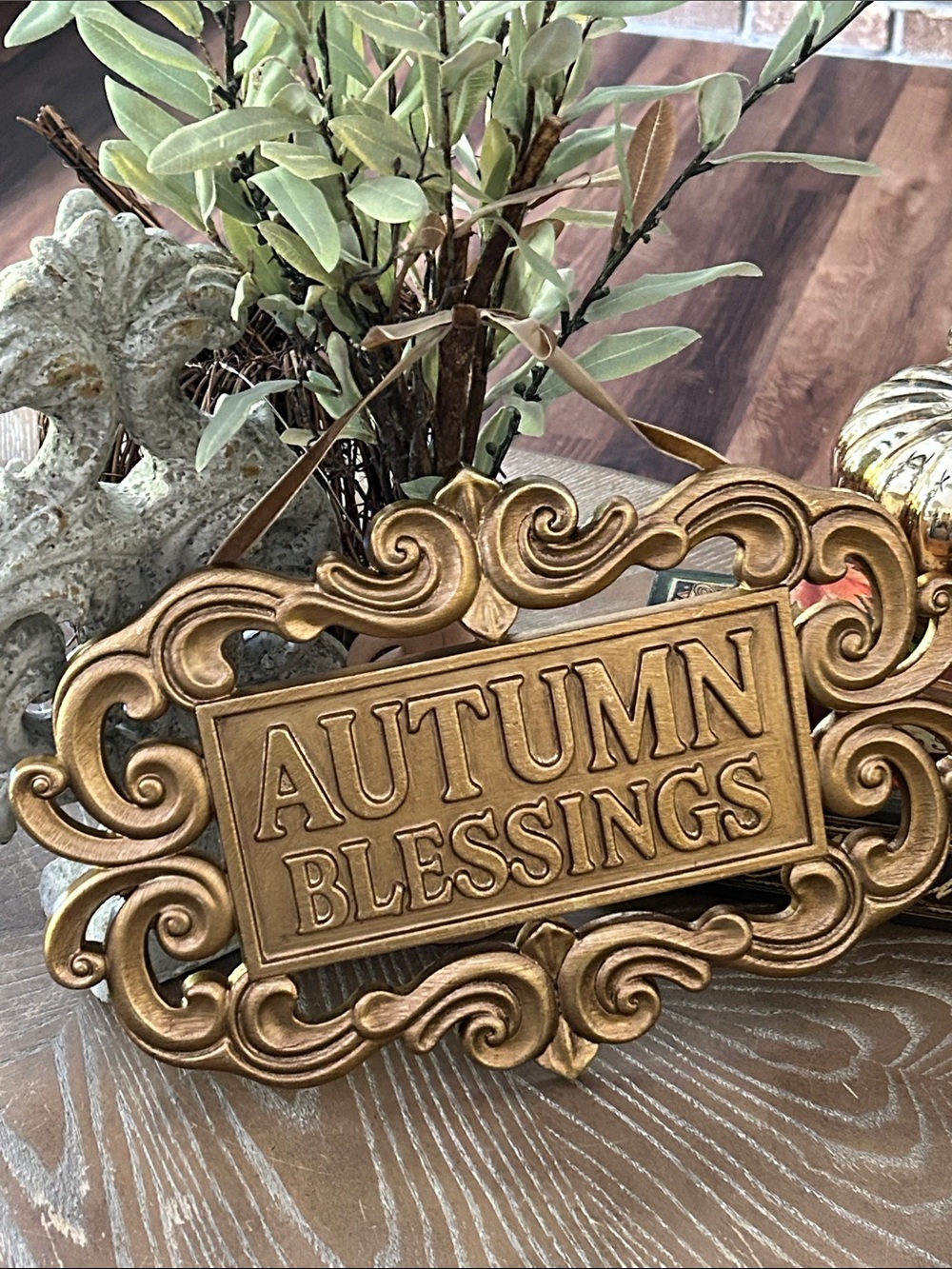 NEW! Vintage Inspired Ornate Gold Autumn Blessings Resin Fall Holiday Sign